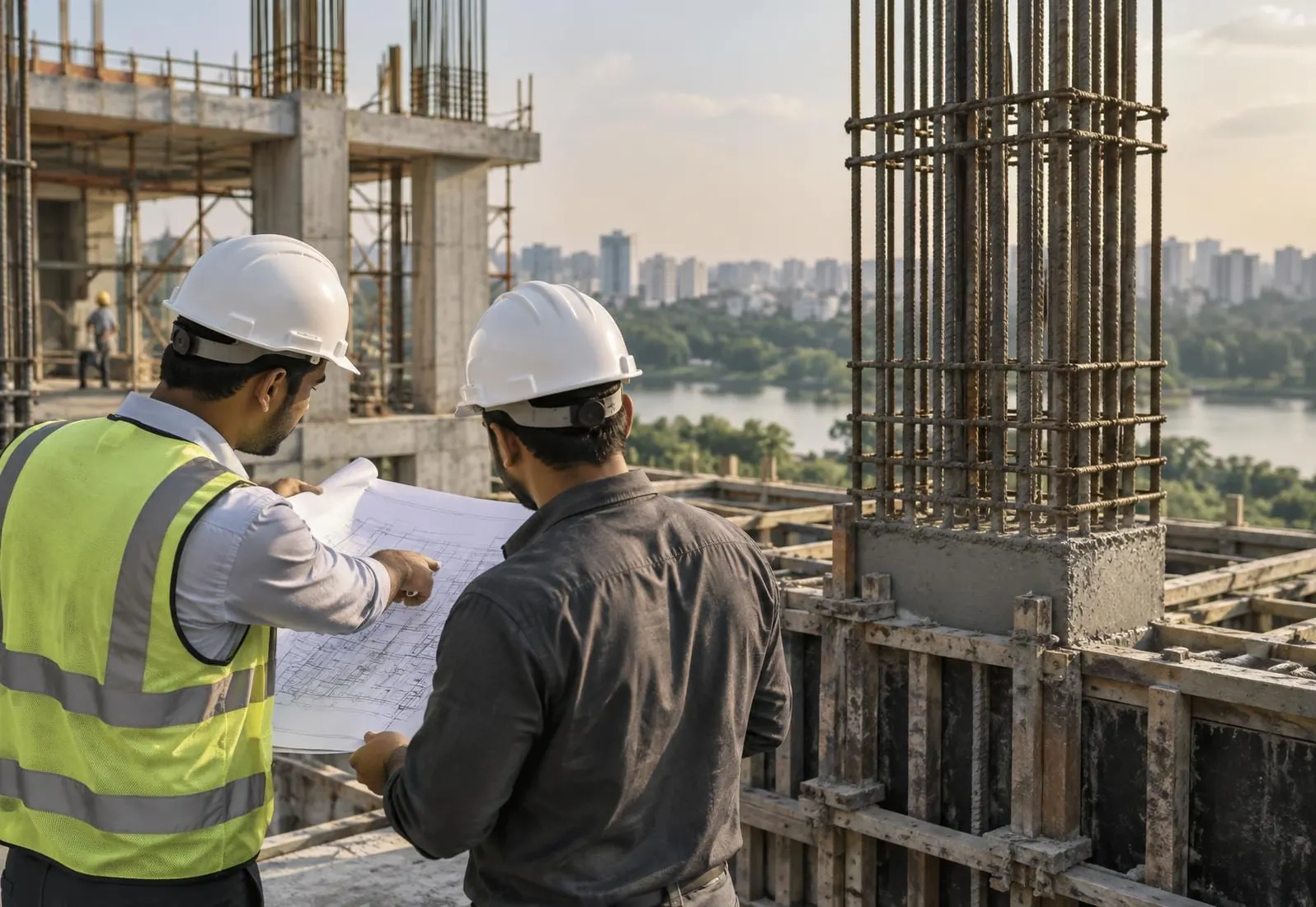 Engineers reviewing structural work at a residential construction site
